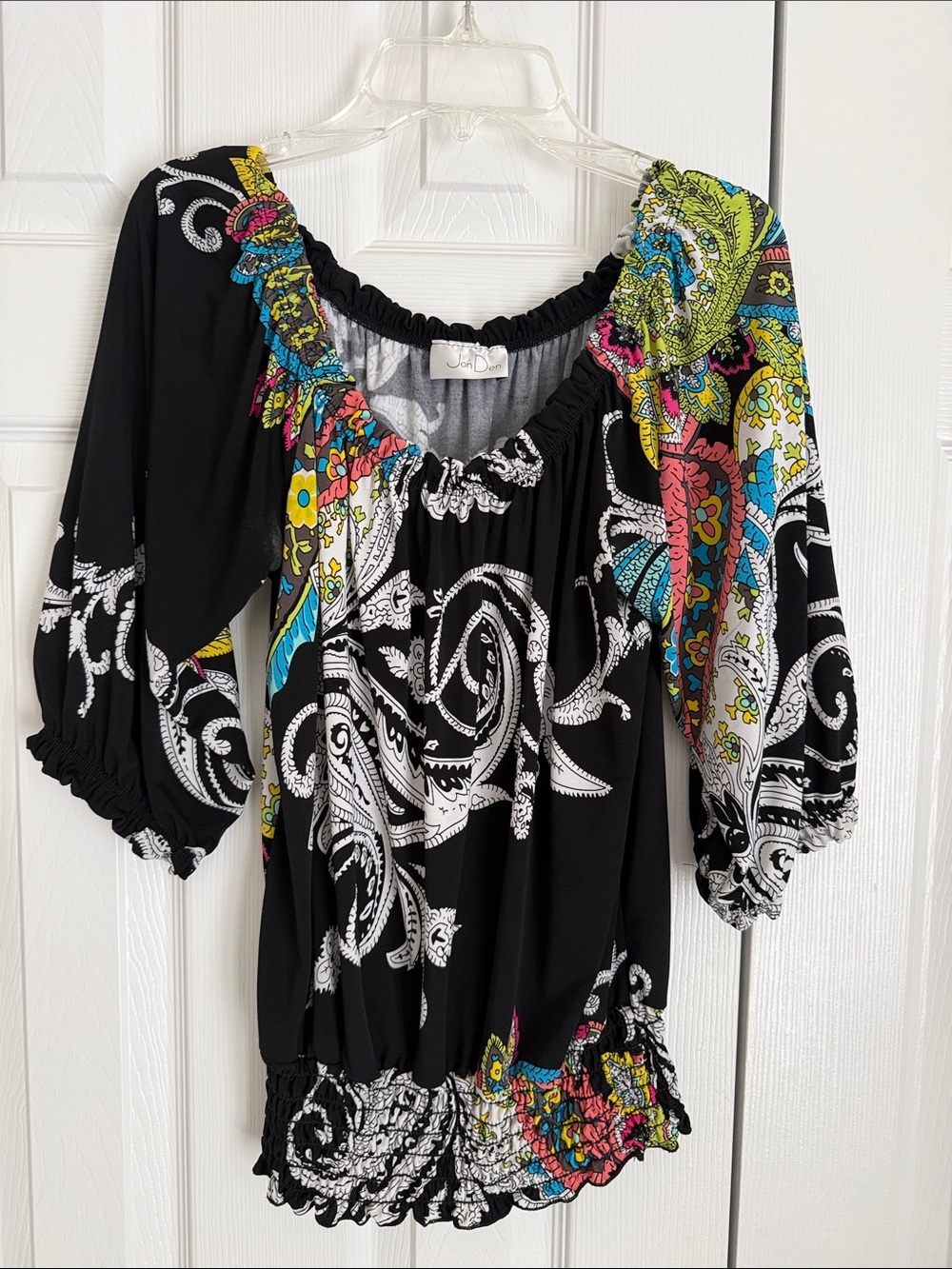 Black Off-Shoulder Paisley Peasant Top with Multicolor Accents